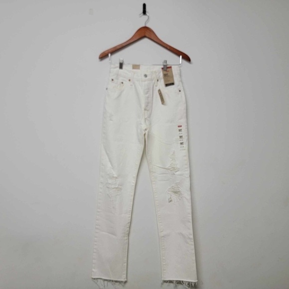 Levis 501 Original Non Stretch High Rise Button Fly Jeans in Destructed White 24 - Picture 2 of 6